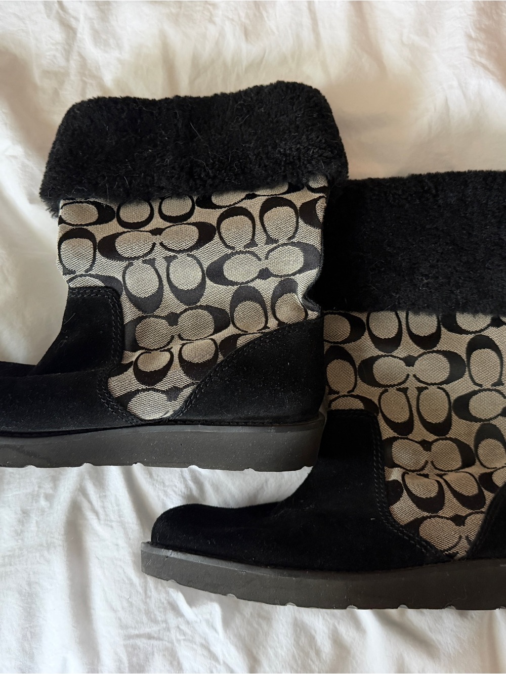 Coach Black and Beige Monogram Shearling Cuff Boots